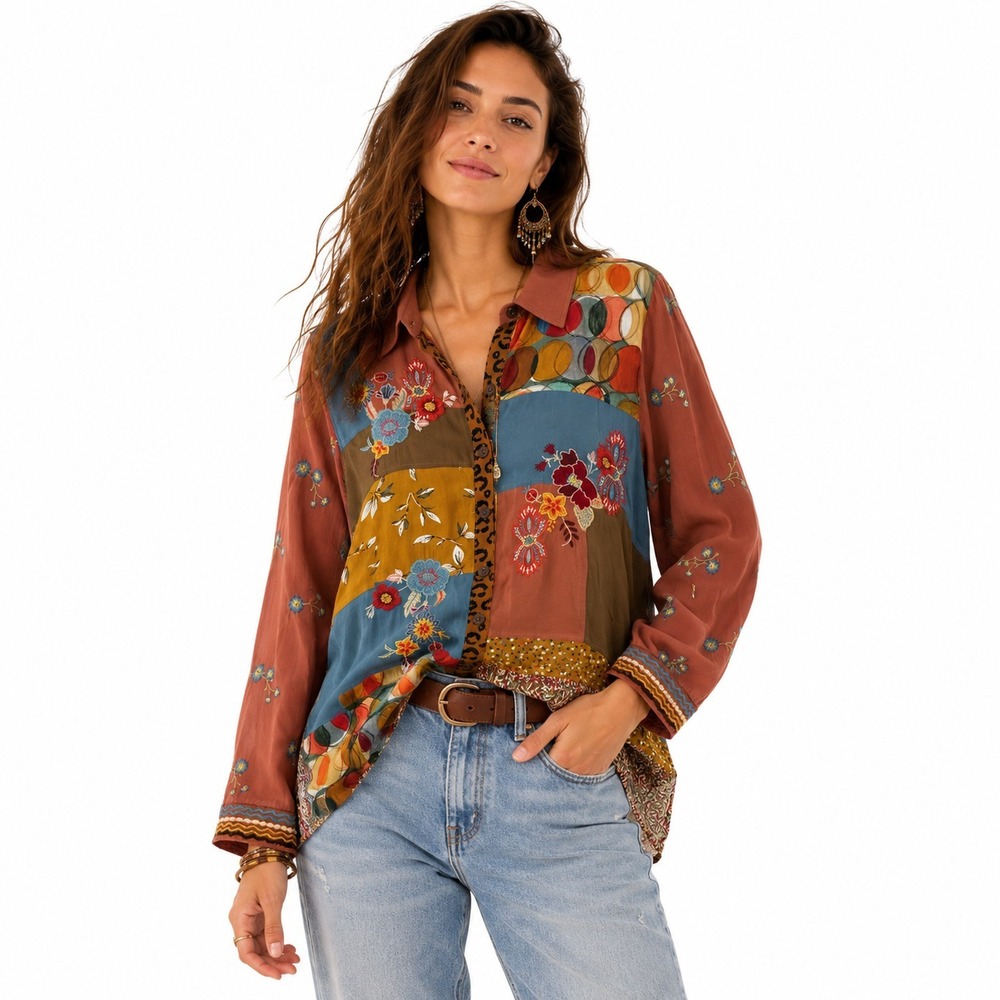 John Mark Tunic Blouse Womens Size S Button Up Embroidered Patchwork Floral Boho
